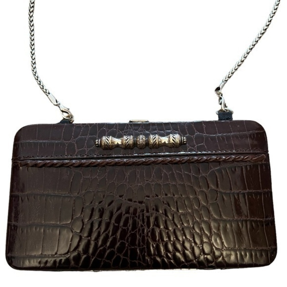 NWOT Brighton Brown Croc Embossed Leather Hinged Wallet Card Case on Chain - Picture 2 of 4